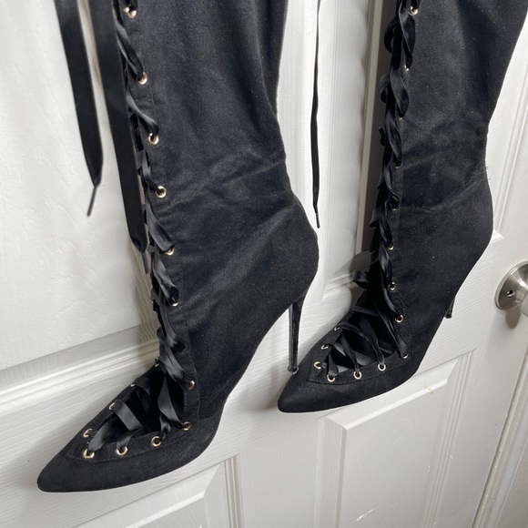 Lace Up Black Thigh High Stiletto Boots - Picture 12 of 14